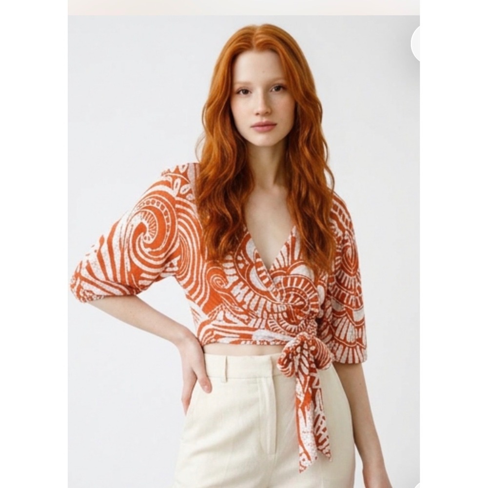 Anthropologie Wrap Top Women Small Orange White Batik Print Puff Sleeve